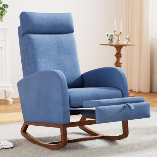 Image of Rocking Chair Nursery High Back Rest Glider Rocker with Footrest Nursing Rocking Chairs Upholstered Accent Arm Chair for Living Room Bedroom Indoor, Dark Blue