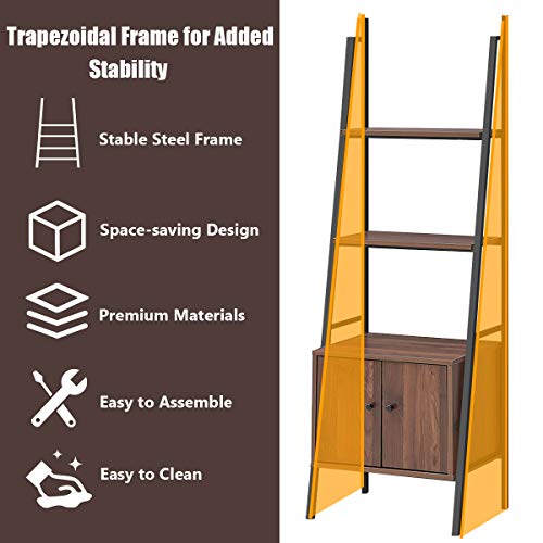 Tangkula 3 Shelf Ladder Bookshelf, Freestanding 3-Tier Wooden Bookcase with Doors, Multifunction Display Shelf, Plant Stand, Decor Furniture for Home Office (1, Walnut)