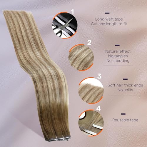 Image of Full Shine Genius Weft Hair Extensions, Ash Brown Blonde Ombre 20 Inch | 50g, Double Sided Tape in Hair Extensions Human Hair, Genius Weft, Natural Density, Wedding Styling, Smooth Movement
