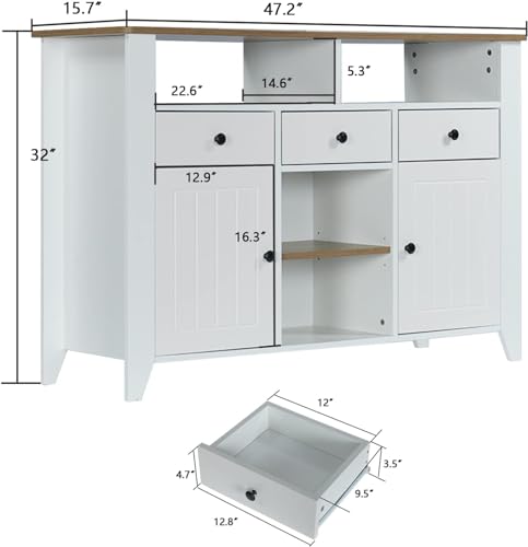 Farmhouse Coffee Bar Cabinet, 47 Inch White Buffet Cabinet with Storage Drawers and 2 Doors, Kitchen Storage Cabinet with Shelves, Coffee Bar Table for Kitchen, Dining Room, Living Room