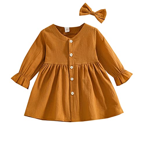 Kupretty Toddler Baby Girl Cotton Linen Fall Spring Dress Plain Long Sleeve Button Kids Princess Party Dresses Sundress + Hairclip (Earth Yellow, 6-12 Months)