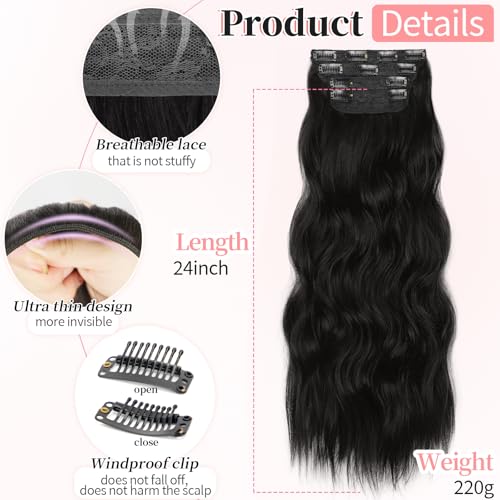 Image of KooKaStyle Wavy Thick Clip in Hair Extensions 24 inch Natural Black | 4 Pieces Clip in Extensions,Fiber Double Weft Hairpieces,Natural Volume,Beach Wave Long Synthetic Hairpieces for Women