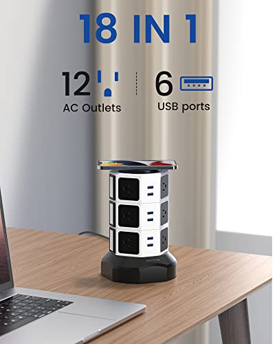 Power Strip Tower With Wireless Charger - Surge Protector With Usb, Jackyled Electric Outlet 13A 12 Ac Outlets 6 Usb Ports 6.5Ft Extension Cord For School Dorm Office Home Desktop Computer White Black #TOP3