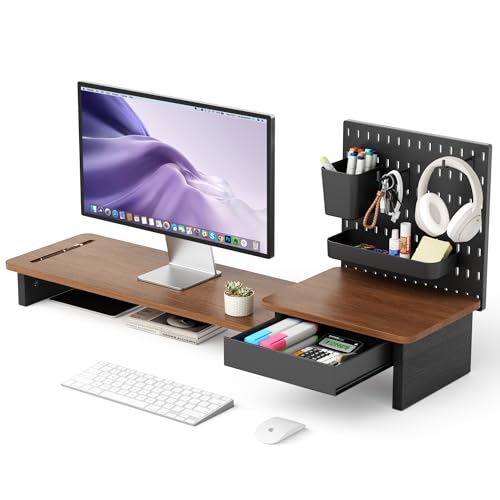 AFOOYO Monitor Stand Riser,Computer Monitor Stand with DIY Pegboard and drawer for Laptop,PC,Computer,Printer,Walnut Finish