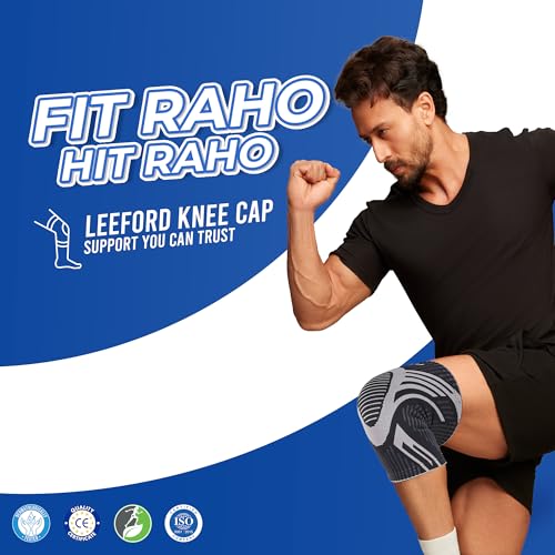 Image of Leeford Knee Cap Compression Support for Men & Women, Black-Grey, M | Pair, Anti-Slip Knee Sleeves, For Gym, Running & Pain Relief