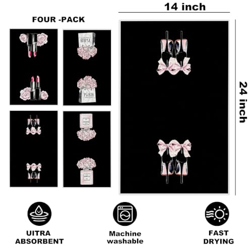 Image of 4 Pcs Black Fashion Hand Towels, Perfume Bow Decor Reusable Dish Towels