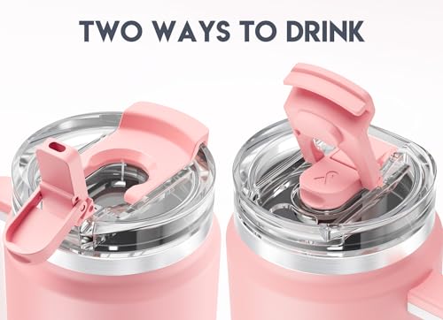 Image of Meoky 32 oz Tumbler with Handle, Insulated Tumbler with Lid and Straw, Stainless Steel Travel Mug, Keeps Cold for 24 Hours, 100% Leak Proof, Fits in Car Cup Holder (Blush)