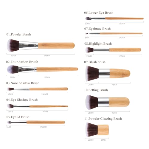 11 Pieces Make up Brushes, Make up Brush Set Bamboo Handle, Synthetic Cosmetics Brush Foundation Powder Blending Blush Concealers Eyeshadow Eyeliner Soft Makeup Brushes Kit with a portable bag - Image 2