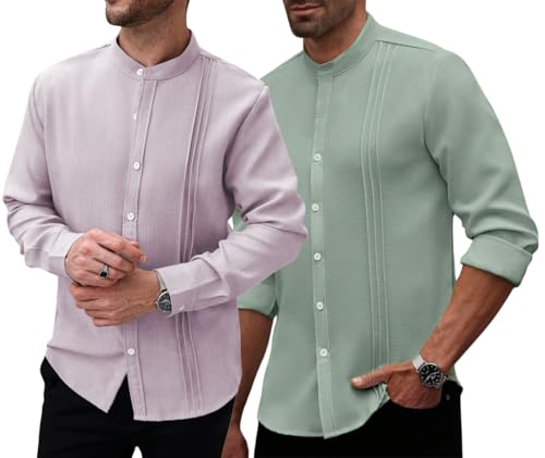 Image of TAGDO Men's Mandarin Collar with Button-Down Shirts | Full Sleeve Linen Casual Shirt for Man | Stylish Summer - Regular Fit Office, Party (2047)