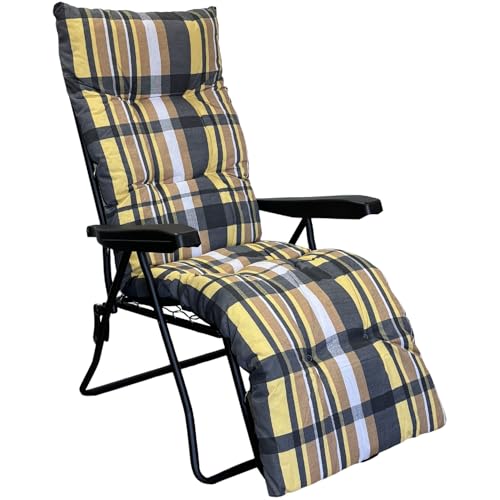 Marvin Sdraio da Giardino con Poggiapiedi Reclinabile Regolabile in 6 Posizioni Flock, Poltrona Sedia Sdraio con Cuscino Imbottito 8cm Braccioli Automatica Interno o Esterno (Giallo/Marrone scozzese)