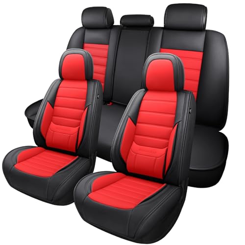 Image of MINGBRON Car Seat Covers Full Set,Black White Car Seat Cover, Car Seat Protector Waterproof, Nappa Leather Car Seat Cushion Fit for Most Cars Red