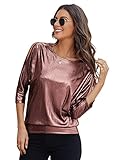 Women Glitter Shiny Metallic T Shirt Cold Shoulder Batwing Dolman Tops Club Party Holiday Sparkle...