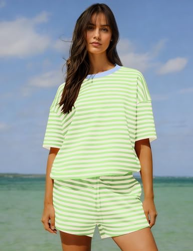 Image of Ythomm Striped Pajamas Shorts Sets Women 2 Piece Lounge Outfits Short Sleeve Tees Drawstring Shorts Summer Matching Pj Sets
