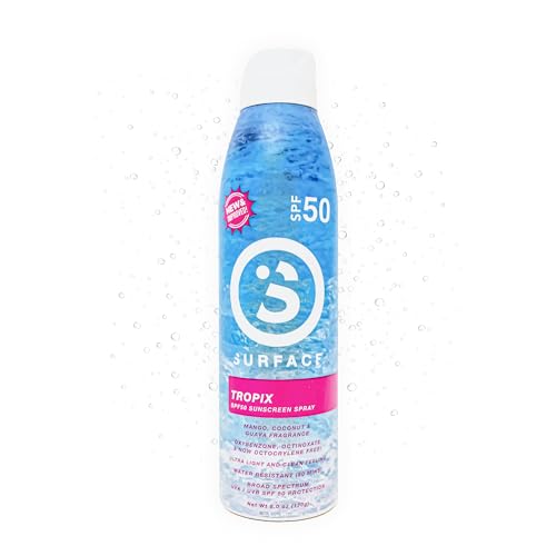 Surface Sunscreen Spray SPF 50 for Body, Lightweight Natural Formula, Reef Friendly, Broad Spectrum UVA UVB Protection, Water Resistant Sun Care for 80 Minutes Outdoor Use, Tropical Scent, 6oz