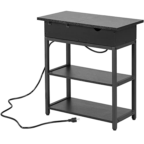Odika Narrow End Table With Built In Power Outlet With 2 Standard Plugs And 2 Usb Plugs, End Table With Storage, Flip Top End Table #TOP5