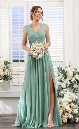 YOFF Women's Double V-Neck Bridesmaid Drsses with Slit Long Pleated Chiffon Evening Party Gowns YO0774