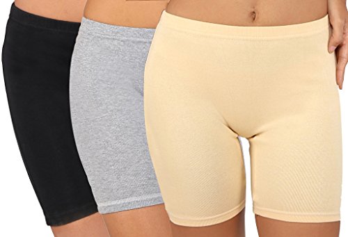 Image of Bralux Cycling Shorts for Women, Girls with Cotton Spandex Set of 3 - Multi Colour Rib Shorts