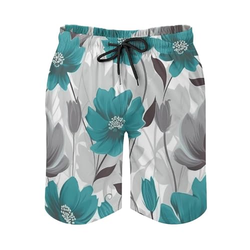 Teal Grey and White Floral Mens Swim Trunks Quick Dry Hawaii Bathing Suit Board Shorts with Mesh Lining-2