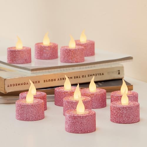 Image of FURORA LIGHTING Pink Glitter Flameless Tealights - 1.45 inch W x 1.57 inch H, 12-Pack, Batteries Included