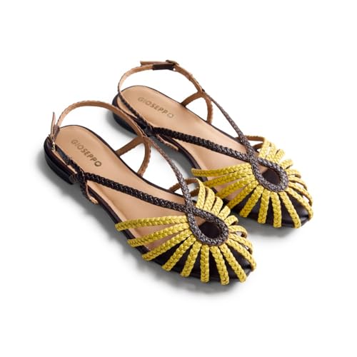 Gioseppo MASALANI - Sandalias Cangrejeras de Piel Trenzada para Mujer con Cierre Ajustable en el Tobillo, Planta Acolchada y Suela Flexible, Punta Ovalada, Color Amarillo, Talla 38