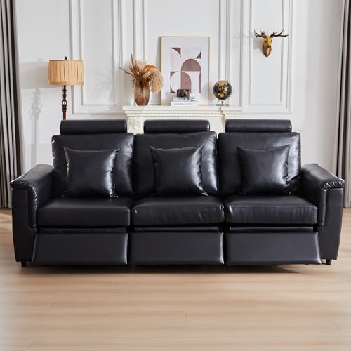 Image of RARZOE Manual 3-Seater Recliner Sofa, Faux Leather 3 Seat Reclining Couches with Headrest, Modern Comfy Recliner Sofa Set with 3 Recliner Chairs for Living Room Home Theater, Black