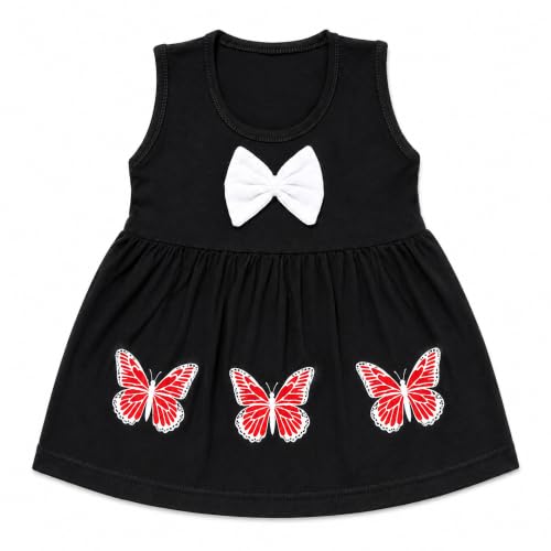 Image of Baby Girls Cotton Sleeveless Butterfly Print A-Line Frock Dress with Bow.