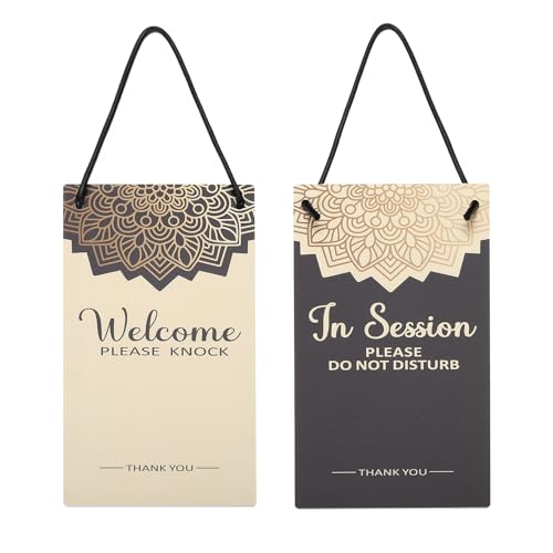 PATIKIL En Sesión No Molestar Puerta Colgante Letrero, PVC Doble Lado Bienvenido Por Favor Tocar Puerta Letrero Decoración para Oficina, Reunión, Sesión, Negro y Amarillo, 10' x 5'