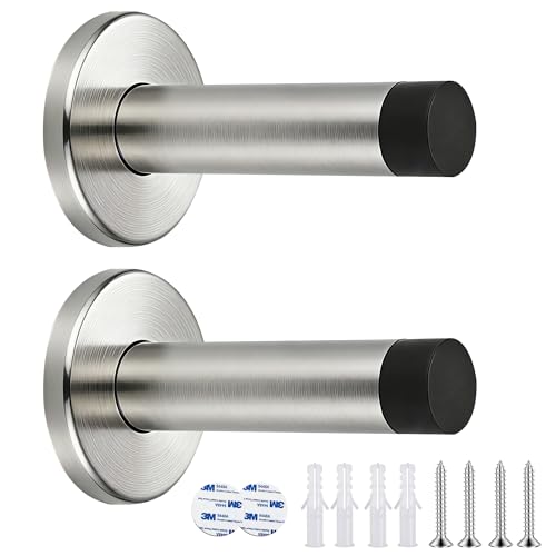 2 PCs Wall Mounted Door Stop, Heavy Duty Stainless Steel Door Stops with Rubber Buffer, with Screws and Double-Sided Tape, Doorstop for Indoors to Protect Doors and Walls,Silver