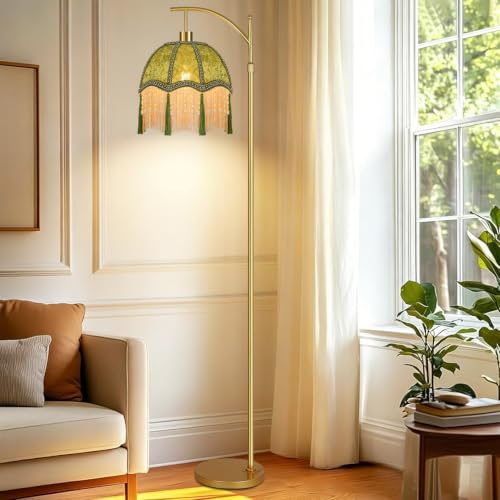 Image of Vintage Floor Lamps for Living Room Boho Rustic Floor Lamp with Remote Control & 3 Color Temperature,Dimmable Gold Floor Lamp Mid Century Modern Standing Lamp Fringe Green Tall Floor Lamp For Bedroom