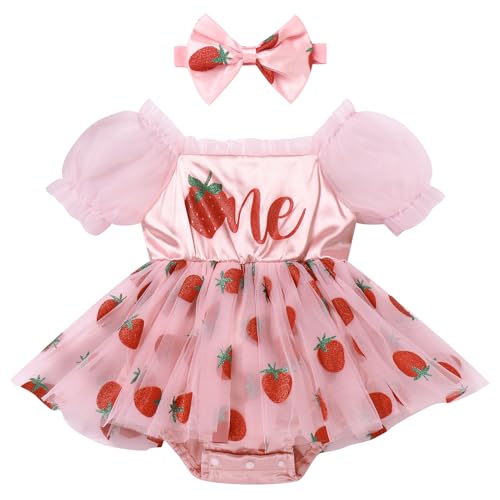 Idopip Baby Girls Strawberry 1St Birthday Outfit Floral Berry One Year Old Romper Tutu Dress With Headband For Cake Smash Photo Shoot Toddler Infant Pageant Gown Clothes Pink Strawberry 12-18 Months #TOP21