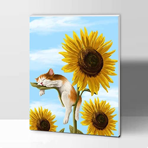 Ifymei Paint By Numbers For Kids And Adults Beginner, Diy Gift Canvas Painting Kits With Frame, 12X16 Inch Sleeping Cat And Sunflower Pattern #TOP2