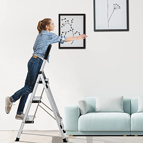 3 Step Ladder - Isasaka Folding Step Stool W/Non-Slip Wide Pedal Lightweight Portable Sturdy Aluminum Ladders Hold Up To 330Lbs #TOP4