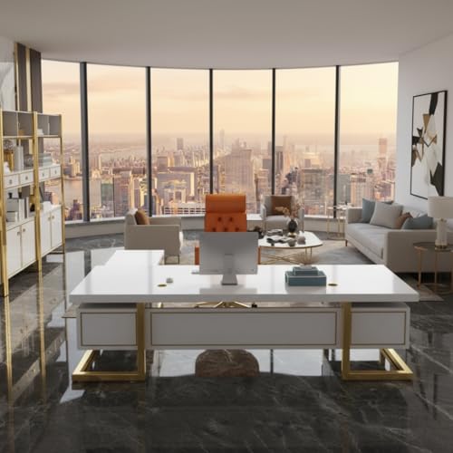 Image of Lakdi The Furniture Co Luxury L-Shape Director Office Table - Premium Glossy Executive Desk with Integrated Drawers and Unique Modern Design - LDL-710