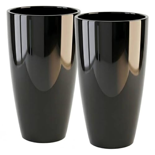 SUN-E Tall Planter for Outdoor Indoor Plants 2Pack, 21Inch Large Gloss Black Planter with Removable Insert Shelf High Glossy Piano Finish Ceramic-Look Tall Flower Pot for Office Lobby Minimalist Decor