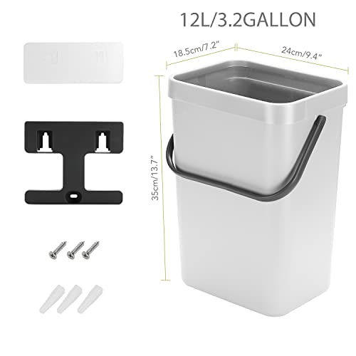 stonespace Hanging Trash Can, 3.2 Gallon/12L Small Waste Bin with Lid for Kitchen Cabinet Door or Under Sink, Bathroom Trash Bin with Lid, Food Waste Bin, 1 Pack White