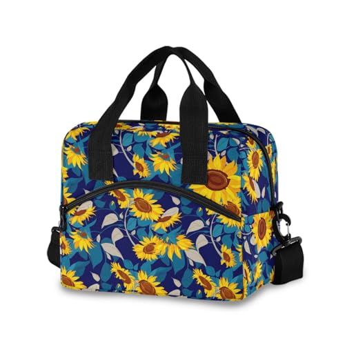 Insulated Lunch Bag Reusable Cooler Sunflower Floral Blue Lunch Box Adjustable Shoulder Strap for Adults Men Women