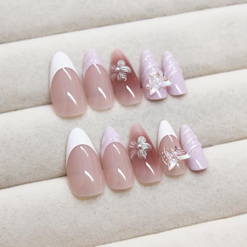 Nzraestrs French Tip Press On Nails Medium Length Flower Fake Nails With Charms Butterfly False Nails Almond Shape Reusable French Acrylic Nails Butterflies Glue On Nails For Women Girls Manicure Art 24Pcs thumb #2