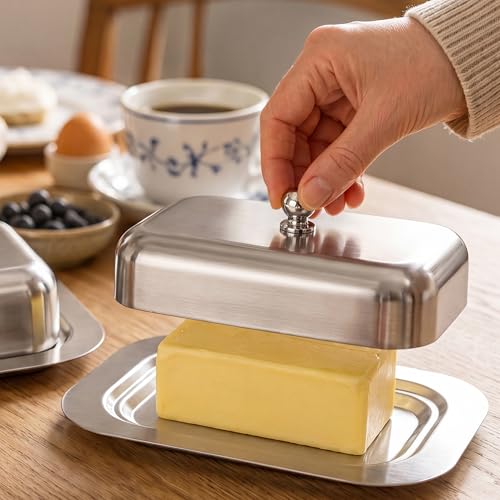 Butterdose Edelstahl für 250 g Butter 18 5 x 12 2 x 5 8 cm Butterbehälter mit Deckel hält Butter frisch und geruchsneutral ohne Fettflecken leicht zu reinigen für Kühlschrank und Frühstückstisch