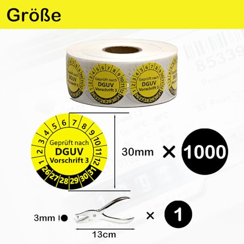 DGUV V3 Prüfplaketten Set mit Lochzange | 1000 Stück Ø30mm Gelb, Selbstklebend 2026-2031 + Handlocher 3mm (φ30mm,1000)