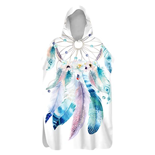 PEIHUODAN Serviette De Plage Poncho Plume Attrape-rêves Thème Microfibre à Capuche Serviette De Plage Natation Surf Peignoir Sports Robes éponge Robe Poncho Serviette De Bain (Bleu,S 70x85 cm) Cover