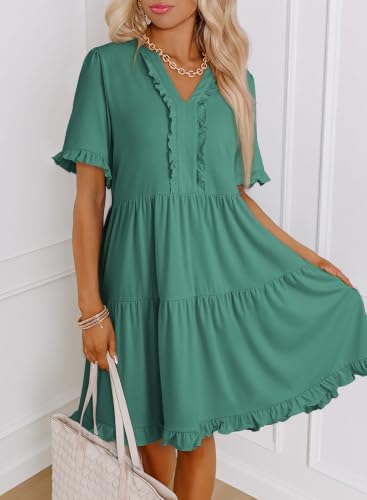 Image of Dokotoo Womens Summer Dresses 2026 V Neck A Line Short Sleeve Casual Ruffle Babydoll Mini Dress