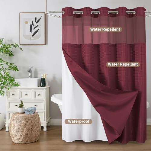Colorful Star No Hook Waffle Shower Curtain with Snap in Fabric, Waterproof Shower Curtains with See Through Top Window, Hotel Luxury Heavy Duty Bathroom Curtain and Liner Set, 72'' x 75'', Burgundy by Colorful Star - Image 9
