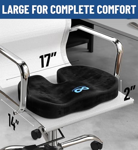 Everlasting Comfort Seat Cushion – Memory Foam Portable Desk Chair Cushion Pad for Office Chair, Car, Travel, Long Sitting, Gaming, Non-Slip Base, Black