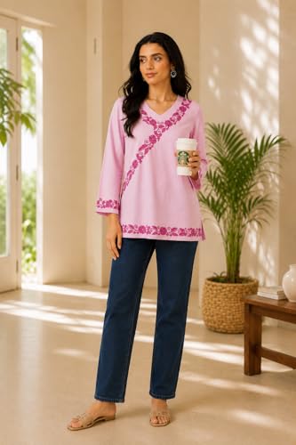Image of QAZMI Women's Aari Embroidered Viscose Rayon V-Neck Full Sleeves Short Kurti