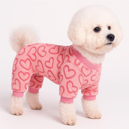 Yoolhamy Dog Pajamas for Small Dogs Cats Fleece Jumper Heart Onesie Clothes Soft Pink Pyjamas Rompers Four-Legs Sleepwear Ffor Puppy Chihuahua Yorkie (XS) - Image 4
