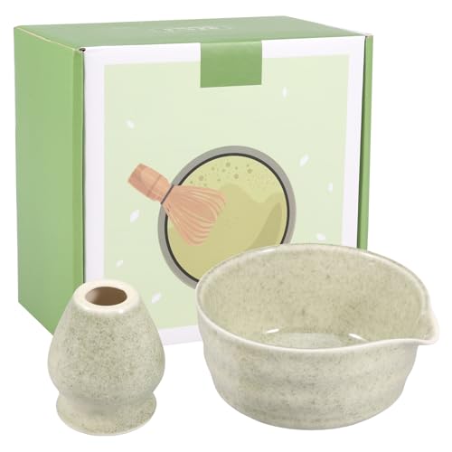 HuhWafee Matcha Cuenco y Batidor Soporte 500ML Cerámica Chawan Fácil Suministros Tazón de Té para Principiantes DIY Amantes (Verde Matcha)