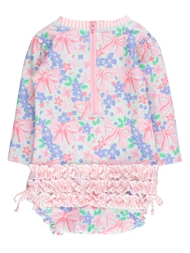 Image of RuffleButts Baby Girls UPF 50+ Sun Protection Floral Printed Long Sleeve One Piece Rash Guard Swimsuit with Zipper