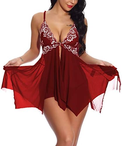 YOZLY Women Babydoll Lingerie Sheer Lace Chemise(Red, Medium)