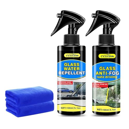CYTITZHEN Water Repellent & Anti-Fog Spray for Quick Car Interior & Exterior Glass Care - Long-Lasting Hydrophobic Coating for Windshield, Windows, Mirrors & Helmets - Pack of 2