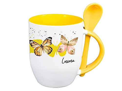 GRAZDesign Tasse mit Löffel Schmetterlinge, personalisierte Geschenke für Junge, Tasse mit Namen, Löffeltasse hängen, Kinderbecher Kakaobecher aus...